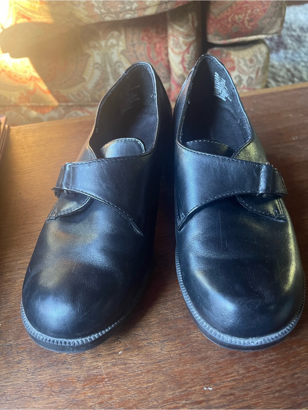 Clarks Black Leather Slip-On Heels with Hook Strap
